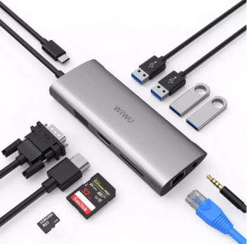 Хаб WiWU Alpha 11 in 1 Type-C to 3 x USB 3.0 + USB 2.0 + Type-C + RJ45 + HDMI + VGA + AUX 3,5mm + Cardreader Adapter Grey