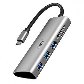 Переходник WiWU Alpha 532ST Type C to x3 USB 3.0; Cardreader 5 in 1 Adapter (Grey)