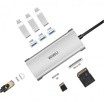 Хаб WiWU Alpha 631STR Type-C to 3 x USB 3.0 + RJ45 + Card reader 6 in 1 Adapter Silver