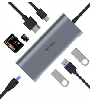 Хаб WiWU Alpha 831HRT Type-C to 3 x USB 3.0 + Type-C + HDMI + RJ45 + Cardreader 8 in 1 Adapter Grey