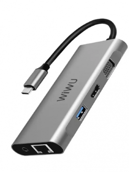 Хаб WiWU Alpha A11312H Type-C to 3 x USB + 2 x HDMI + VGA + RJ45 + AUX 3.5 + Cardreader 10 in 1 Adapter Grey