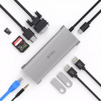 Хаб WiWU Alpha 11 in 1 Type-C to 3 x USB 3.0 + USB 2.0 + Type-C + RJ45 + HDMI + VGA + AUX 3,5mm + Cardreader Adapter Grey