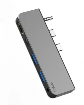 Хаб Wiwu Alpha M X Pro 5 in 1 Laptop Dongle Station Type-C to 2 x USB 3.0 + HDMI + 3.5mm Audio + PD Type-C для Huawei Matebook Grey