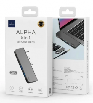 Хаб Wiwu Alpha M X Pro 5 in 1 Laptop Dongle Station Type-C to 2 x USB 3.0 + HDMI + 3.5mm Audio + PD Type-C для Huawei Matebook Grey